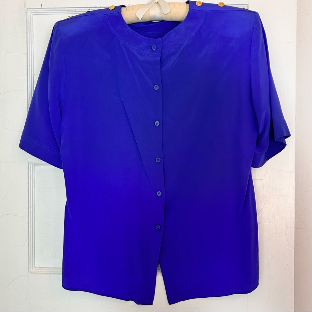 Carlisle 100% Silk Button Down Top Royal Blue Shoulder Pads Gold Buttons Vintage - Picture 2 of 8